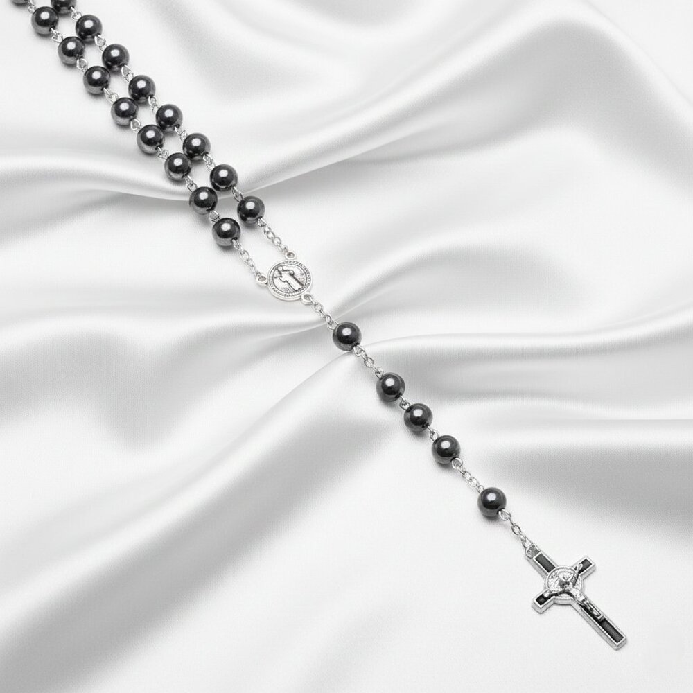 Hematite Beaded Catholic Rosary Prayer Crucifix Silver Tone Gothic Necklace NWOT